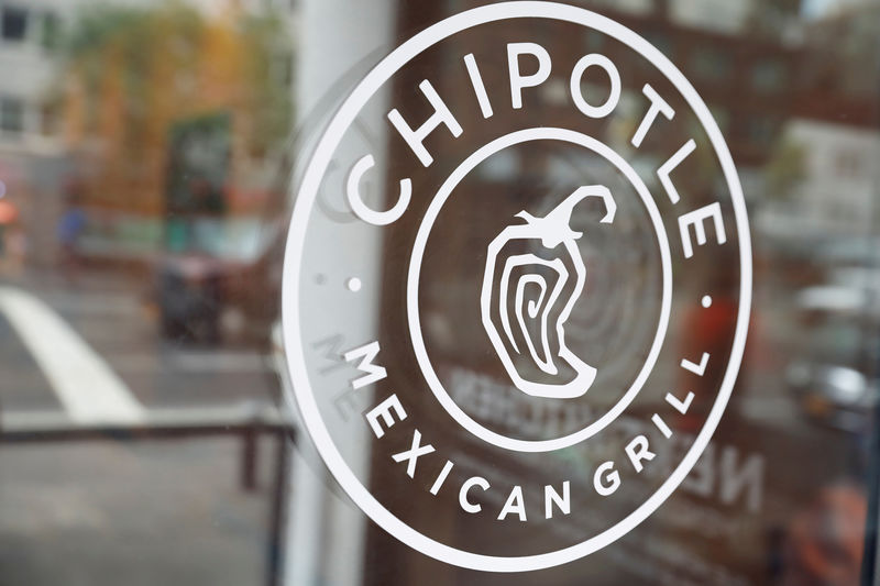 © Reuters. FILE PHOTO: The logo of Chipotle Mexican Grill is seen at the Chipotle Next Kitchen in Manhattan