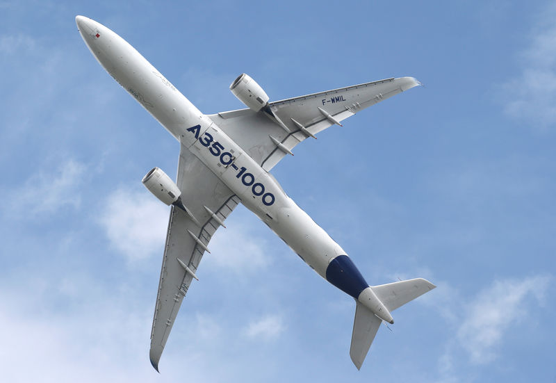 © Reuters. FILE PHOTO: An Airbus A350-1000 performs at the 53rd International Paris Air Show at Le Bourget Airport near Paris