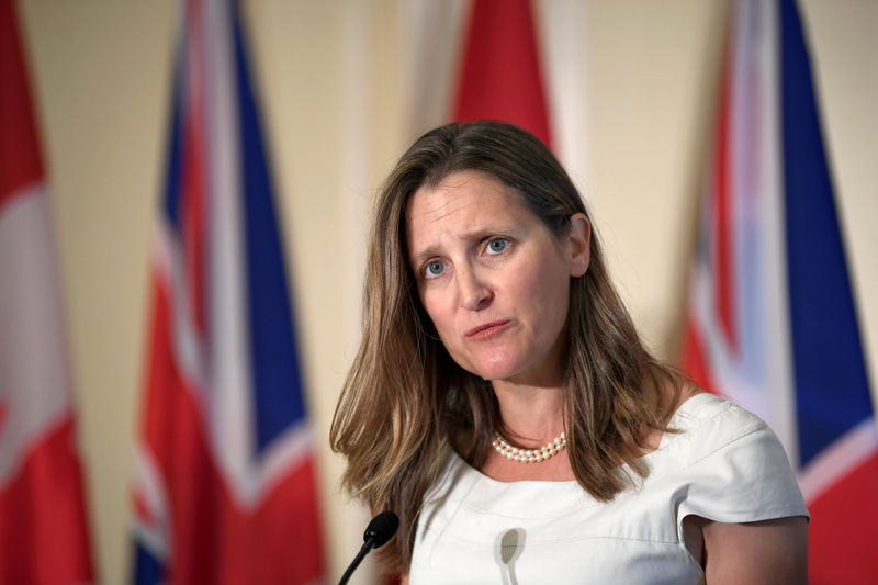 © Reuters. FILE PHOTO: Canada's foreign minister, Chrystia Freeland, at a Toronto news conference in August 2019