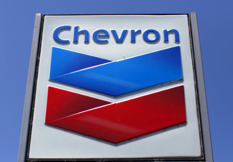 © Reuters. File photo of a Chevron gas station sign in California