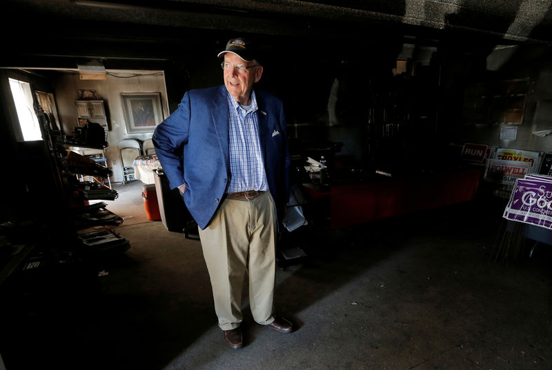 © Reuters. FILE PHOTO: North Carolina congressman Robin Hayes views the damage caused in a firebomb attack on local offices of the North Carolina Republican Party in Hillsborough