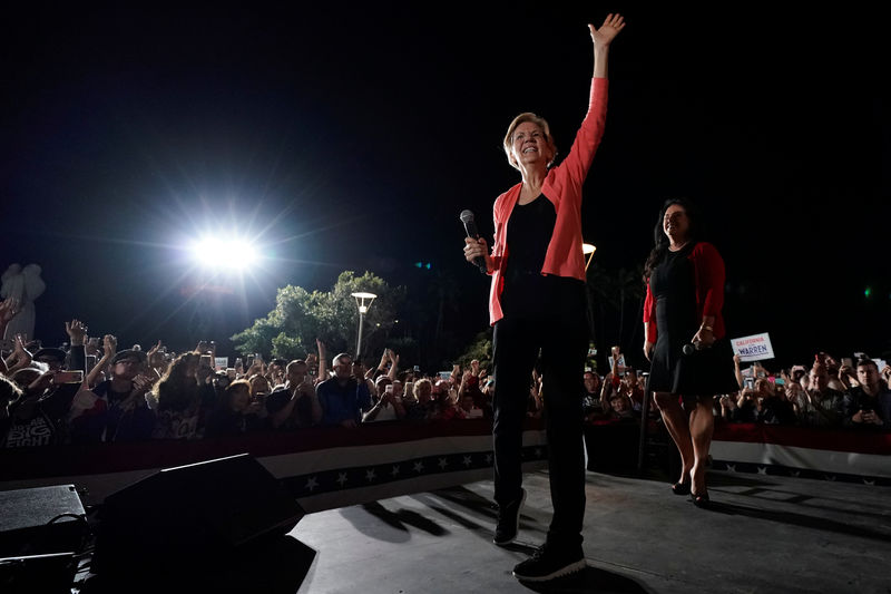 © Reuters. U.S. democratic presidential candidate Elizabeth Warren takes the stage with California assemblywoman Lorena Gonzalez  as she holds an outdoor rally in San Diego, California