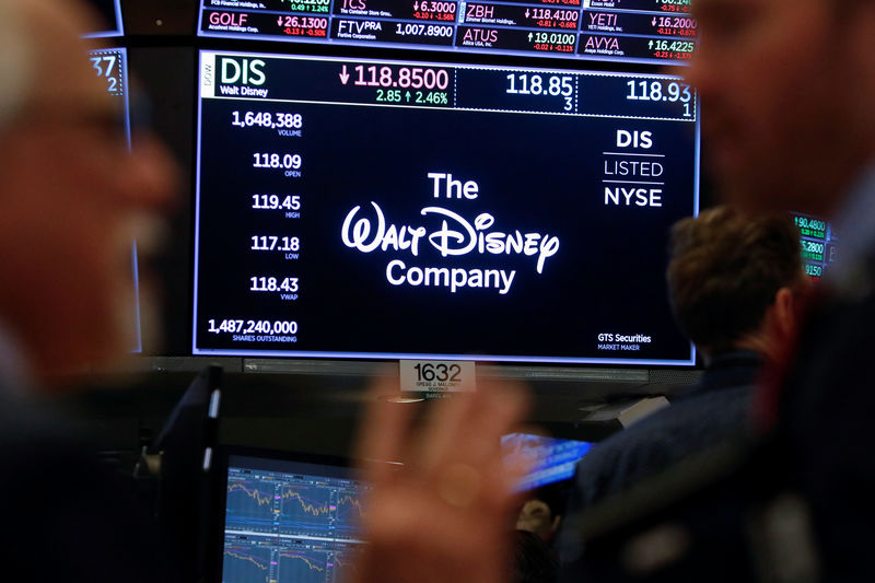 © Reuters. A screen displaying the share price of The Walt Disney Company is seen on the trading floor at the New York Stock Exchange (NYSE) in New York