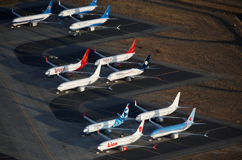 © Reuters. FILE PHOTO: An aerial photo shows Boeing 737 MAX aircraft at Boeing facilities at the Grant County International Airport in Moses Lake