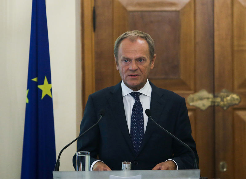 © Reuters. European Council, President Donald Tusk attends a news conference at the Presidential Palace in Nicosia