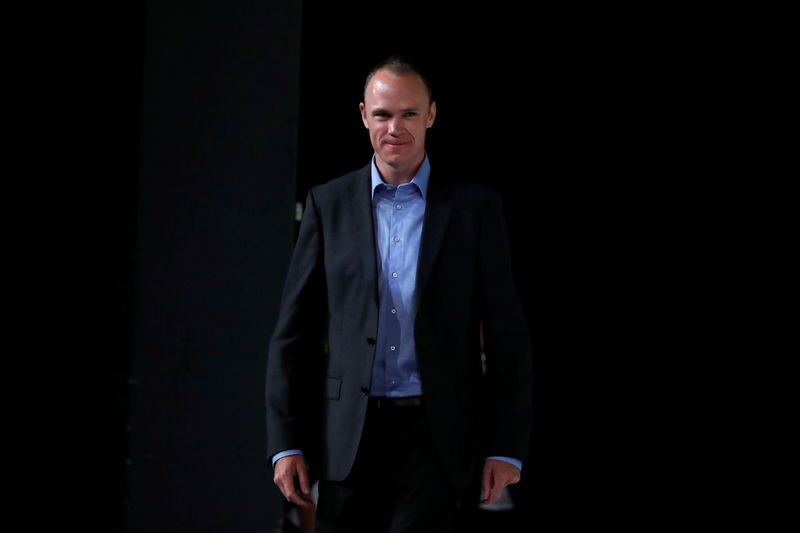 © Reuters. Cyclist Christopher Froome arrives to attend a news conference to unveil the itinerary of the 2020 Tour de France cycling race in Paris