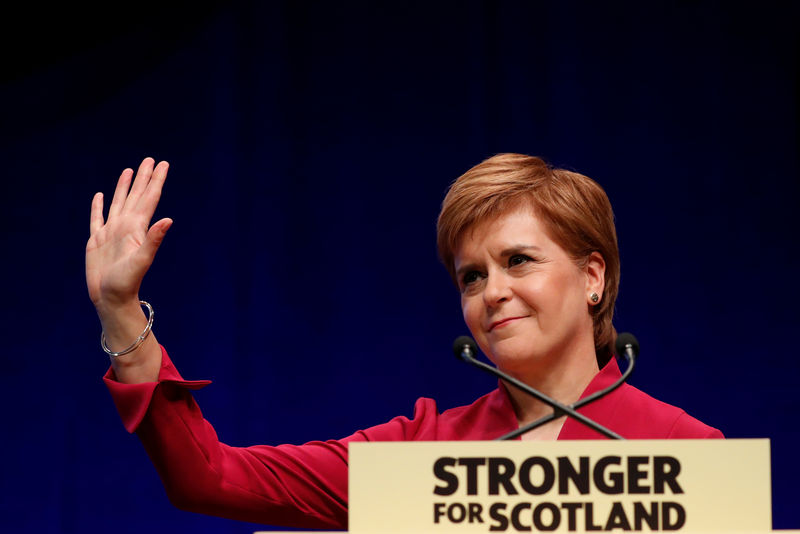 © Reuters. Scotland's First Minister Nicola Sturgeon gestures during her speech at the SNP autumn conference in Aberdeen, Scotland