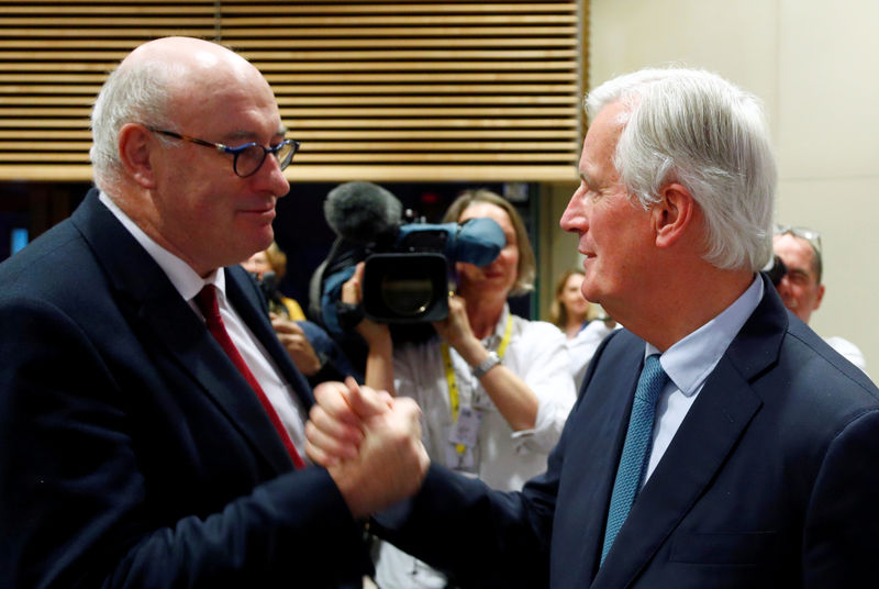 © Reuters. El Comisario Europeo de Comercio designado, Phil Hogan, saluda al negociador jefe de la Unión Europea, Michel Barnier, al marcharse tras asistir a una conferencia de prensa en el edificio del Consejo Europeo en Bruselas, Bélgica