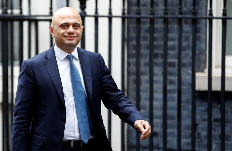 © Reuters. Britain's Chancellor of the Exchequer Sajid Javid is seen outside Downing Street in London