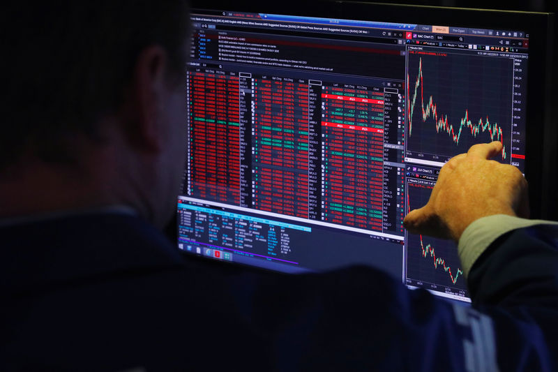 © Reuters. FILE PHOTO:A trader works on the floor of the New York Stock Exchange shortly after the opening bell in New York