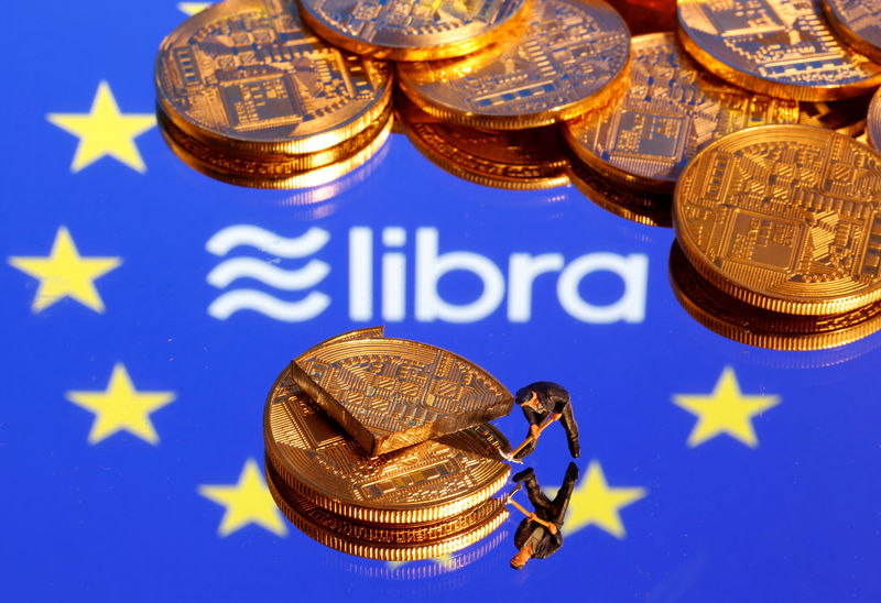 © Reuters. A small toy figure is seen on representations of the virtual currency on a displayed European Union flag and the Facebook Libra logo in this illustration picture