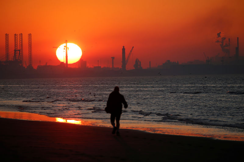 © Reuters. Dunkirk port industries are seen during sunset, in Leffrinckouke