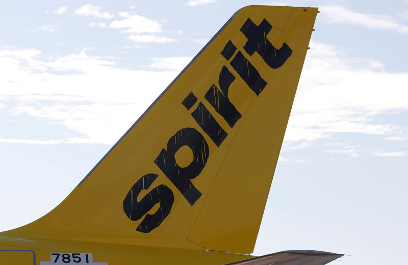 © Reuters. FILE PHOTO: A logo of low cost carrier Spirit Airlines is pictured on an Airbus plane in Colomiers near Toulouse