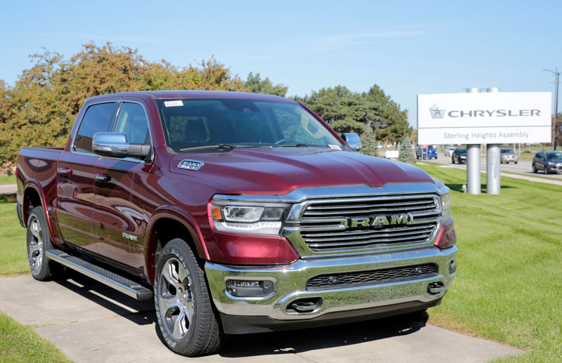 © Reuters. FILE PHOTO: A 2019 Ram 1500 pickup truck is on display in front of the FCA Sterling Heights Assembly Plant in Sterling Heights Michigan