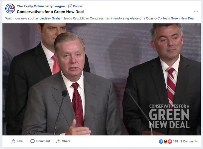 © Reuters. A screengrab from a video shows U.S. Senator Lindsey Graham (R-SC) appearing in a Facebook ad run by a PAC called The Really Online Lefty League, which falsely claims that he supports the Green New Deal