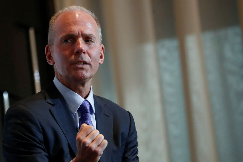 © Reuters. FILE PHOTO: Boeing Chairman, President and CEO Dennis Muilenburg  speaks at the New York Economic club luncheon in New York City