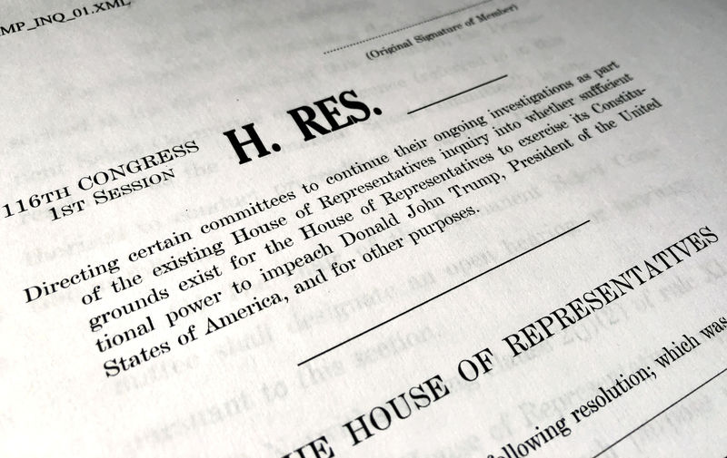 © Reuters. A draft of a U.S. House of Representatives resolution formally laying out the next steps in the impeachment inquiry of President Donald Trump is seen after its release in Washington