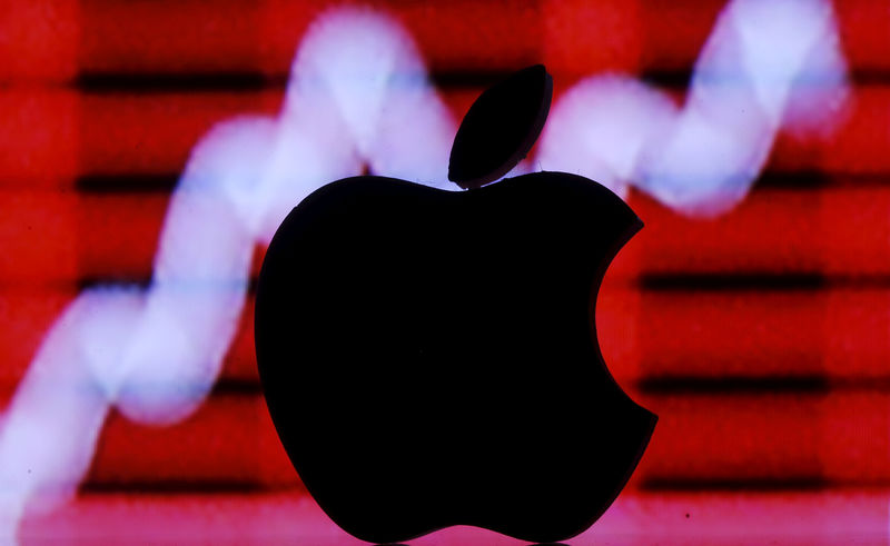 © Reuters. Picture illustration of a 3D printed Apple logo in front of a displayed stock graph