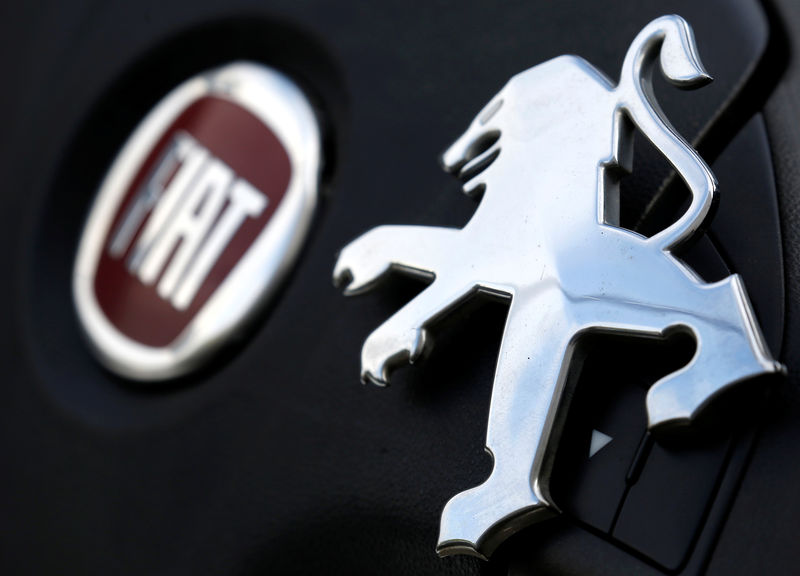 © Reuters. Logos of Peugeot and Fiat are seen in this illustration picture