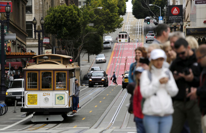 © Reuters. Passengers await a cable car near Union Square in San Francisco