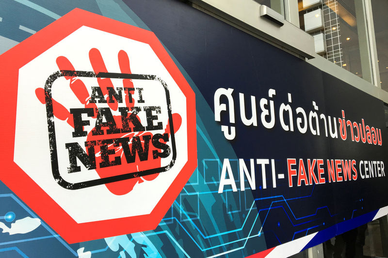 © Reuters. The sign of Anti-Fake News center is pictured in Bangkok