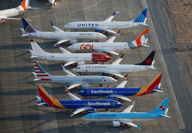 © Reuters. FILE PHOTO: An aerial photo shows Boeing 737 MAX aircraft at Boeing facilities at the Grant County International Airport in Moses Lake