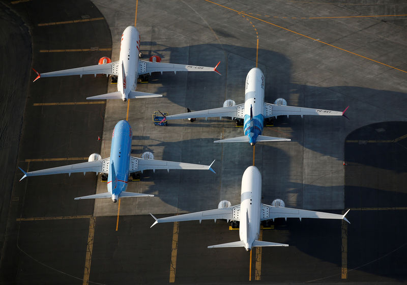 © Reuters. An aerial photo shows Boeing 737 MAX aircraft at Boeing facilities at the Grant County International Airport in Moses Lake