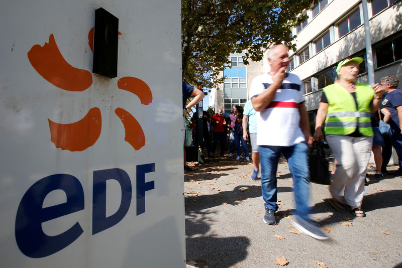 © Reuters. FILE PHOTO: Employees of France's EDF energy company attend a demonstration against the announced "Project Hercule" restructuring plan, in Marseille