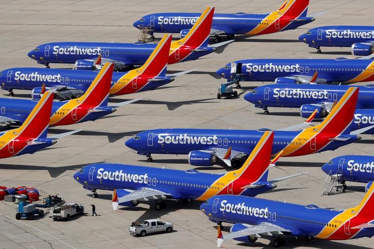 © Reuters. FILE PHOTO: A number of grounded Southwest Airlines Boeing 737 MAX 8 aircraft are shown parked at Victorville Airport in Victorville, California