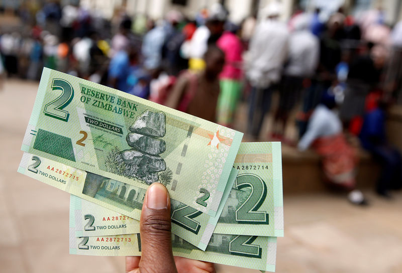 © Reuters. A man poses with Zimbabwe's new two dollar banknotes as customers queue outside a bank in Harare