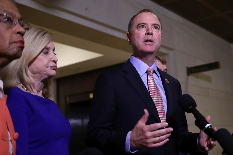 © Reuters. U.S. House of Representatives Intelligence Committee Chairman Adam Schiff (D-CA) speaks to reporters during a break in a closed-door deposition as part of the impeachment inquiry into U.S. President Trump led by the House Intelligence