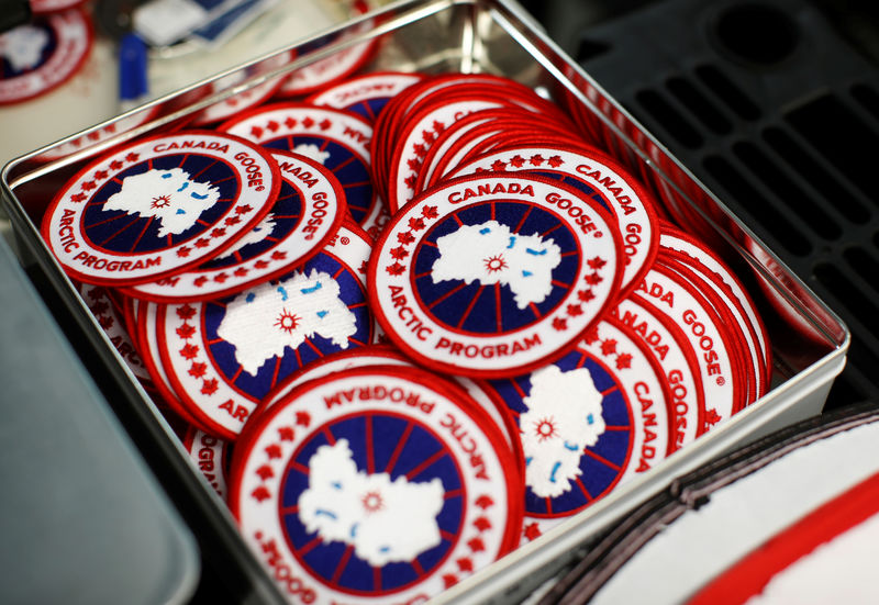 © Reuters. Patches with the Canada Goose logo are stacked in the Canada Goose factory in Toronto