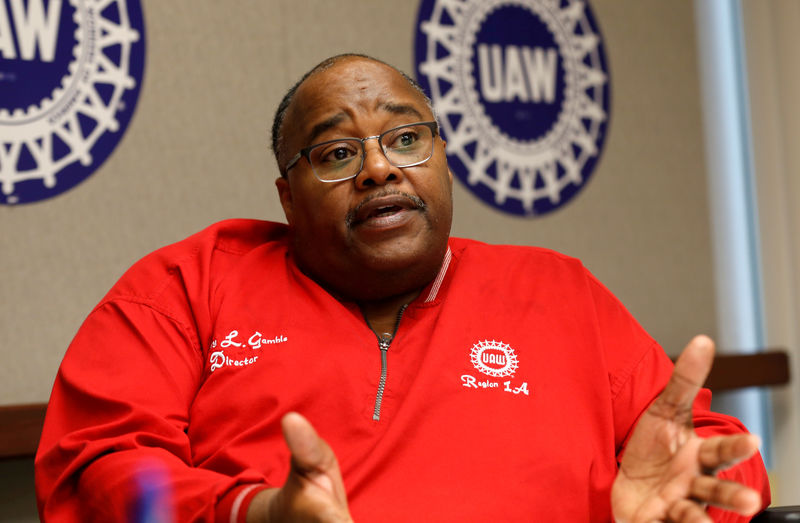 © Reuters. FILE PHOTO: United Auto Workers (UAW) acting president Rory Gamble speaks to Reuters from his office in Southfield, Michigan,