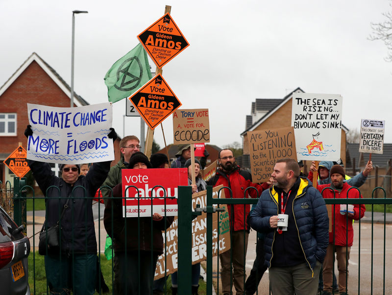 © Reuters. Climate activists hold signs outside the West Monkton CEVC Primary School visited by Britain's Prime Minister Boris Johnson, during his general election campaign trail, in Taunton