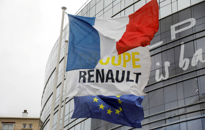 © Reuters. FILE PHOTO: French, EU and Renault flags flutter in front of French carmaker Renault headquarters ahead of the company's news conference in Boulogne-Billancourt