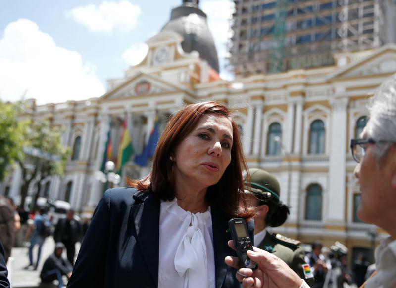 © Reuters. Bolivia's Foreign Minister Karen Longaric speaks to journalists outside of the presidential palace in La Paz