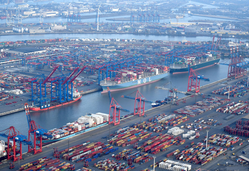 © Reuters. Aerial view of a container terminal in the port of Hamburg