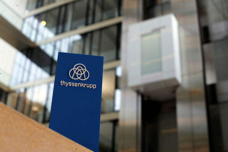 © Reuters. FILE PHOTO:  The logo of Thyssenkrupp is seen near elevators in its headquarters in Essen
