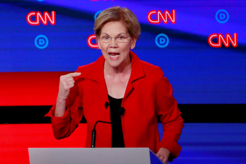 © Reuters. FILE PHOTO: U.S. Senator Elizabeth Warren speaks on the first night of the second 2020 Democratic U.S. presidential debate in Detroit, Michigan, U.S.