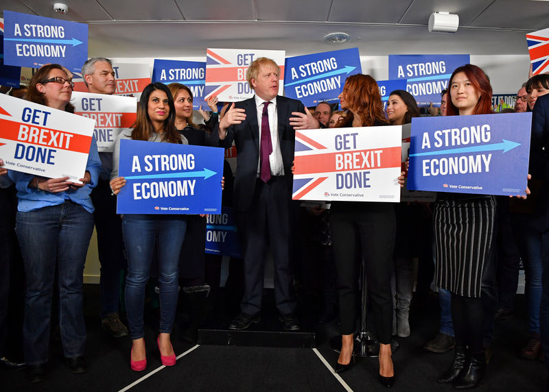© Reuters. Britain's Prime Minister Boris Johnson speaks to activists and supporters as he poses for a photograph at the Conservative Campaign Headquarters Call Centre in central London