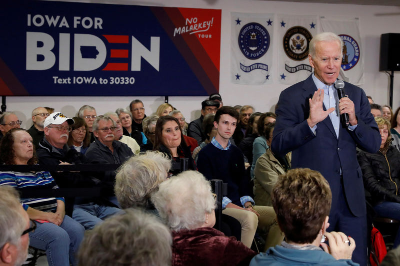 © Reuters. FILE PHOTO: Democratic 2020 U.S. presidential candidate and former U.S. Vice President Joe Biden speaks during his "No Malarkey!" campaign bus tour event at the Ross Reid American Legion 9 in Oelwein, Iowa