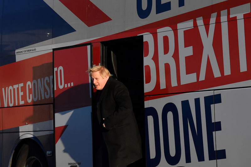 © Reuters. Britain's Prime Minister Boris Johnson steps out of the general election campaign trail bus as he campaigns for the general election, in Washington