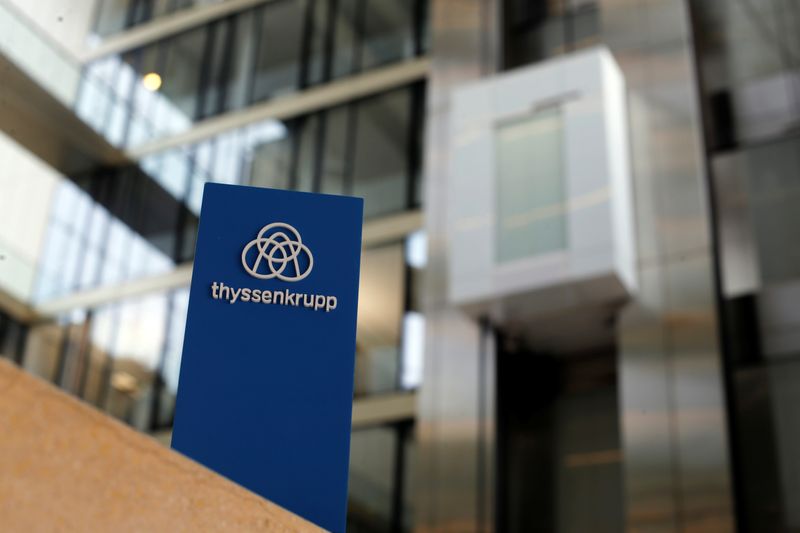© Reuters. The logo of Thyssenkrupp is seen near elevators in its headquarters in Essen