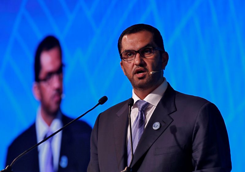 © Reuters. FILE PHOTO: Sultan Ahmed Al Jaber, UAE Minister of State and ADNOC Group CEO, addresses a gathering during the India Energy Forum in New Delhi