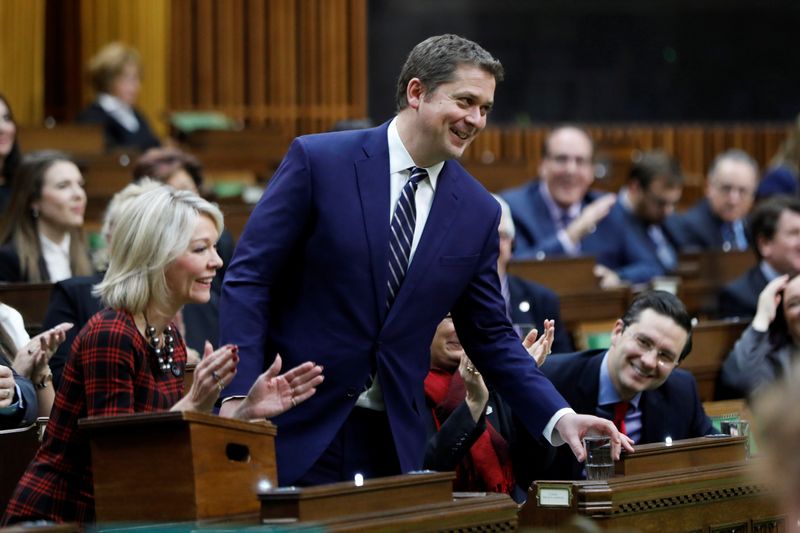 © Reuters. Canada's Conservative Party leader Andrew Scheer announces that he is stepping down as party leader in the House of Commons on Parliament Hill in Ottawa