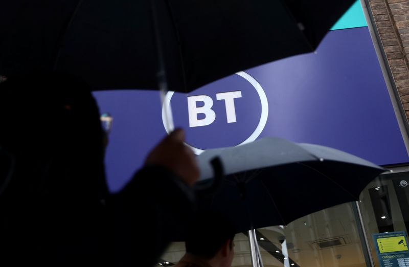 © Reuters. Logo of British Telecom (BT) is displayed outside a store in London