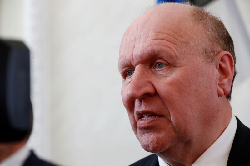 © Reuters. FILE PHOTO: Estonia's Interior Minister Mart Helme of far-right EKRE Party speaks to media after the swearing-in of the incoming coalition government in Tallinn