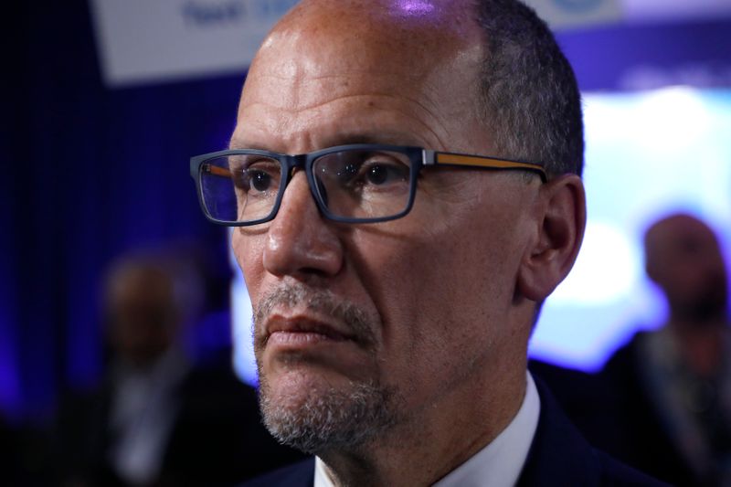 © Reuters. Democratic National Committee chair Tom Perez is interviewed after the fifth 2020 campaign debate at the Tyler Perry Studios in Atlanta, Georgia