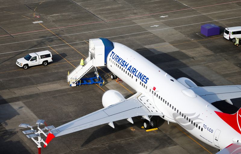 © Reuters. An aerial photo shows a worker climbing up to a Turkish Airlines Boeing 737 MAX airplane grounded at Boeing Field in Seattl