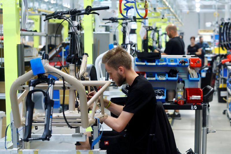 © Reuters. FILE PHOTO: Electric bicycle production at Riese & Mueller factory